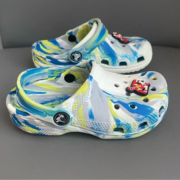 Crocs Kids Classic Marble Clog Blue/Lime/White Dye Power Ranger Jibbitz Size 10C - Picture 5 of 13